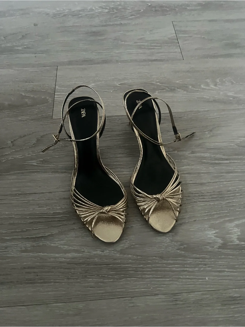 Zara Metallic Gold Strappy Ankle‑Tie Heels